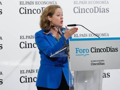 La ministra de Economía y Empresa, Nadia Calviño, durante su intervención de hoy en el foro CincoDías.