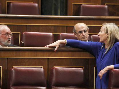 Eugenio Azpiroz y Lourdes M&eacute;ndez Monasterio charlan en presencia de Celso Delgado (d), en el Congreso de los Diputados. 