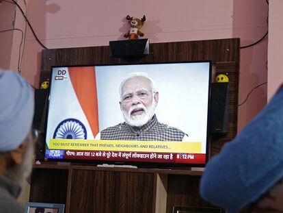 El primer ministro indio, Narendra Modi, en su segundo discurso televisado en una semana por la pandemia de coronavirus.