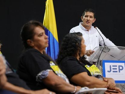 Néstor Guillermo Gutiérrez, imputado en el caso por 'falsos positivos' de la justicia transicional en Colombia, en la audiencia de reconocimiento, en el municipio de Ocaña, Norte de Santander, Colombia.