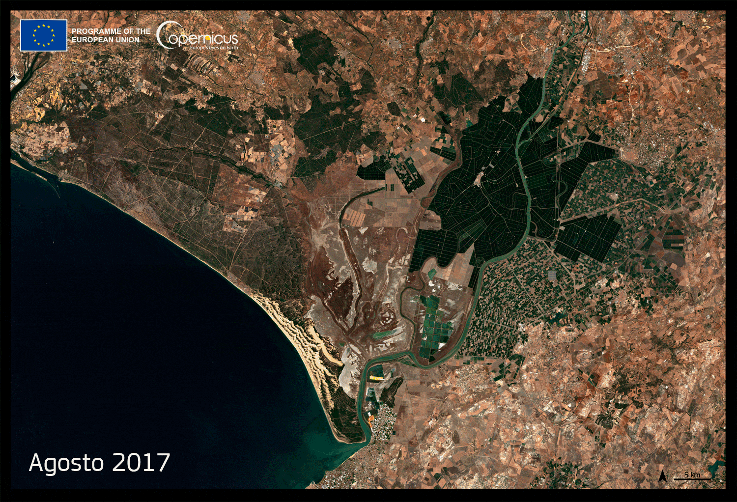 Imágenes satelitales de Copernicus de Doñana hechas entre 2017 y 2022 que muestran la evolución del parque y sus lagunas.  