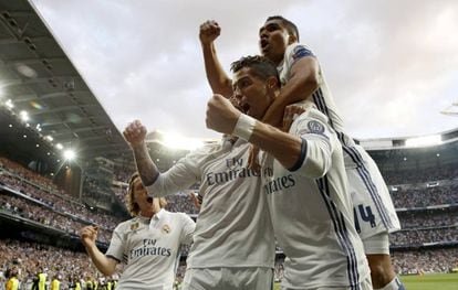 Cristiano Ronaldo celebra su primer gol frente al Atlético de Madrid.