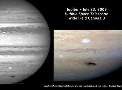 Fotografía tomada con la nueva Wide FieldCamera 3 en la que se aprecia la zona del polo sur de Júpiter donde se descubrió, el pasado día 19, la marca de un impacto, seguramente un cometa