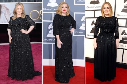 Adele. Aunque en los últimos tiempos se ha dejado ver poco y luciendo estilismos diferentes, hubo una época en la que la intérprete de Rolling in the Deep no podía vivir sin un maxivestido negro de marga larga. Daba igual si acudía a un concierto o a una entrega de premios, siempre elegía el mismo patrón y los acabados brillantes. Sirvan como prueba estas fotos de 2013, 2012 y 2016.