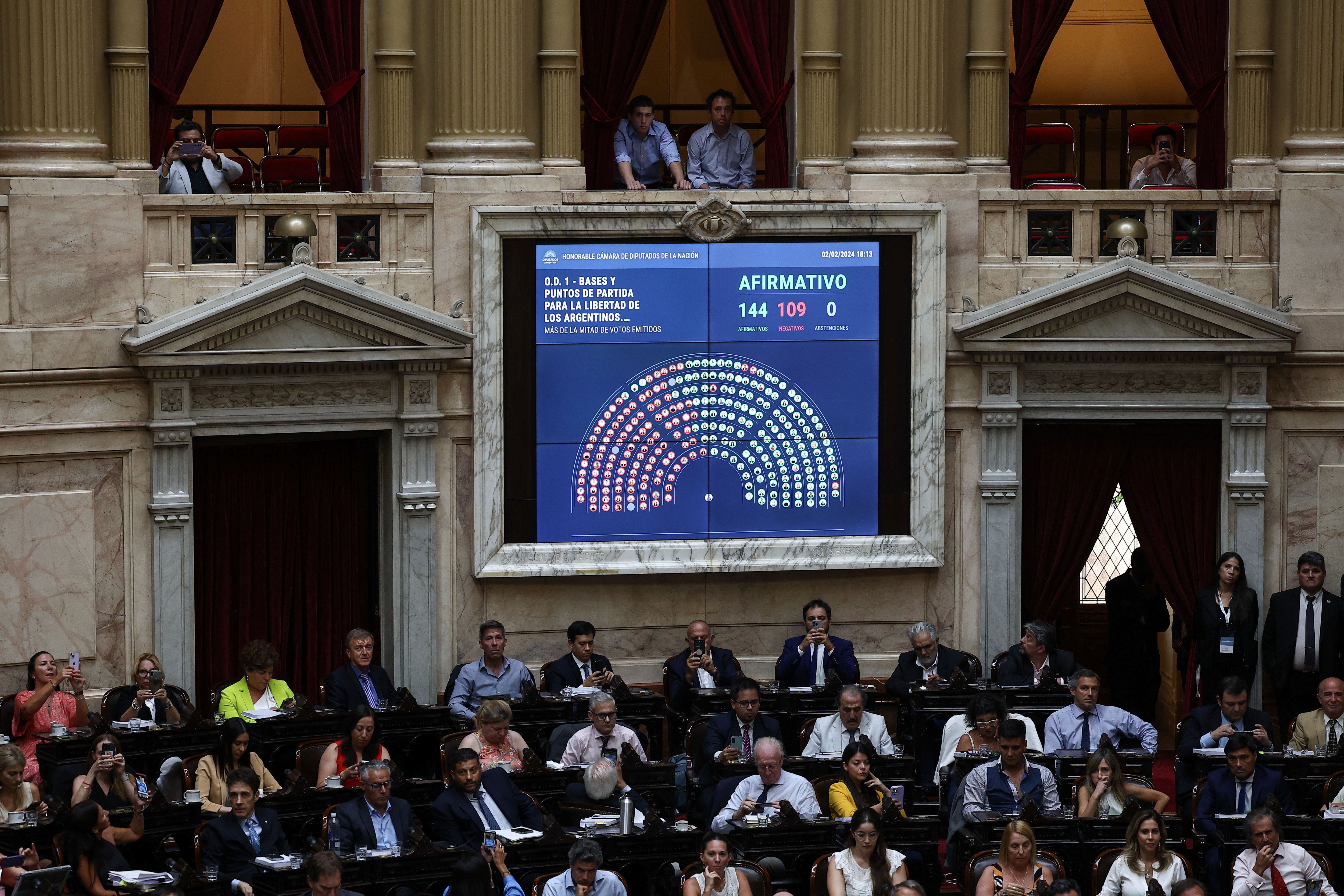 Los resultados de la votación en una de las pantallas de la cámara baja del Congreso argentino, este 2 de febrero.