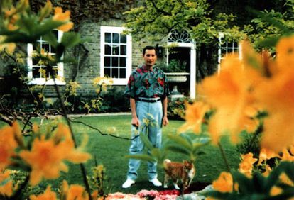 Freddie Mercury en el jardín de su mansión en Londres, junto a su gato Óscar. Es una de las dos últimas fotos del cantante, tomada por su novio, Jim Hutton.