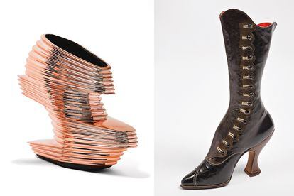 On the left, metallic design by architect Zaha Hadid for United Nude (2013).  On the right, loot from Jack Jacobus (1895-1900).