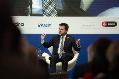 El 'president' Pere Aragonès, este miércoles, en las jornadas del Cercle d’Economia. / DAVID ZORRAKINO (Europa Press)