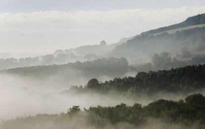 La niebla del otoño se cierne sobre el campo del Parque Nacional de South Downs cerca de Amberley, en el sur de Inglaterra, 7 de octubre de 2013. (campos de niebla).
