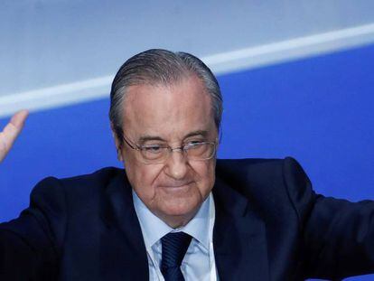  El presidente del Real Madrid, Florentino P&eacute;rez, durante su intervenci&oacute;n en la Asamblea General ordinaria de la entidad