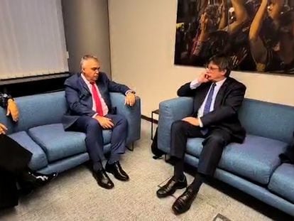 Captura de vídeo del encuentro entre Iratxe García, Santos Cerdán, Carles Puigdemont y Jordi Turull, el pasado lunes en Bruselas.