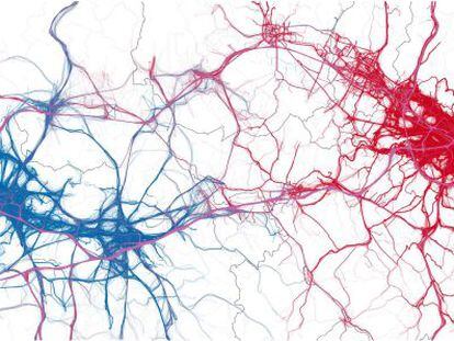 &iquest;Redes neuronales en el cerebro? No, son los viajes emprendidos desde las ciudades italianas de Pisa (azul) o Florencia (rojo). 