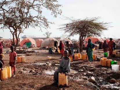 Personas desplazadas por la sequía esperan para recibir agua en un campo de refugiados en Baidoa, Somalia, el pasado febrero.