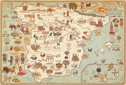 El libro 'Atlas del mundo' (editorial Maeva Young) ofrece un viaje insólito alrededor del planeta a través de unos mapas que muestran con ilustraciones las curiosidades de 46 países. En el plano de España, por ejemplo, aparecen el Museo del Prado y la Universidad de Salamanca, además de Don Quijote, el lince ibérico y la paella.