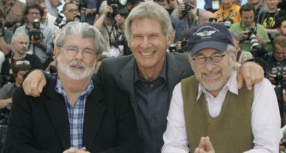 Goerges Lucas, Harrison Ford, y Steven Spielberg, en la 61ª edición del Festival de Cannes.