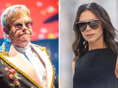 El cantante británico Elton John y la diseñadora y cantante Victoria Beckham.