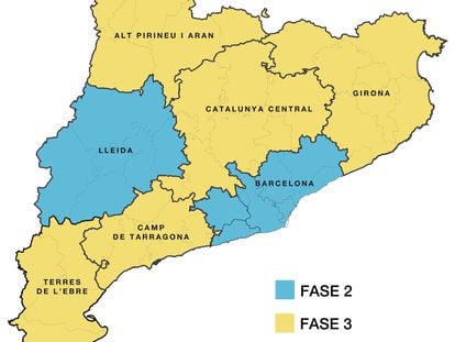 Mapa del Govern con su propuesta de desescalada para el lunes 15 de junio, donde Girona y la Catalunya Central avanzarían a la fase 3 y Barcelona y Lleida se quedaría en la segunda etapa.
