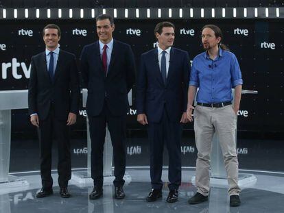 Pablo Casado, Pedro Sánchez, Albert Rivera y Pablo Iglesias, en el debate de TVE.