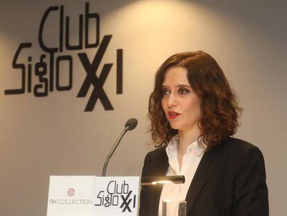 Isabel Díaz Ayuso, candidata del PP a la Comunidad de Madrid, el miércoles en el Club siglo XXI.