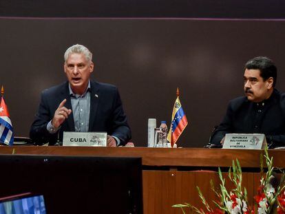 El presidente de Cuba, Miguel Díaz-Canel, y el de Venezuela, Nicolás Maduro, durante la cumbre bolivariana que se ha realizado este martes, en La Habana.