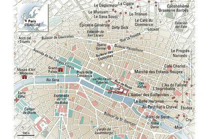 Restaurantes, tiendas y bares localizados en el mapa de París.