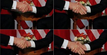 Donald Trump (izquierda) intenta zafarse en dos ocasiones del apretón de manos de Emmanuel Macron.