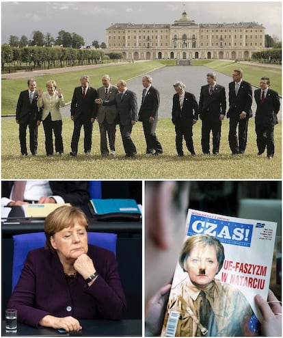 Merkel, rodeada de hombres en una cumbre del G-8 en San Petersburgo en 2006 (arriba), aparentemente dormida el pasado diciembre en el Bundestag y caricaturizada en la portada de una revista polaca en 2007. <b>Pulse en la imagen para visitar la fotogalería sobre el legado de la canciller</b>.