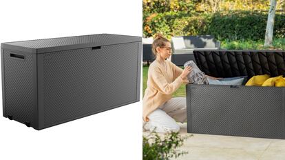 Este modelo de arcón exterior es impermeable y equipa dos ruedas.