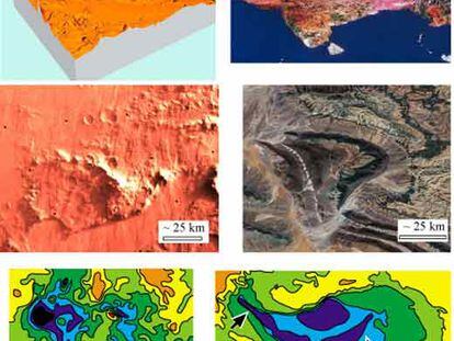 Perspectivas de las montañas de Thaumasia en el hemisferio occidental de Marte y del Himalaya terrestre (arriba, izquierda y derecha); grandes pliegues geológicos en Thaumasia (centro, izquierda) del mismo estilo y tamaño que unos del Anti-Atlas marroquí (centro, derecha) y mapas de gravedad de dichas zonas (abajo).