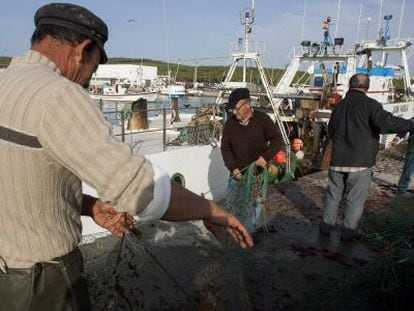 Pescadores preparan los aparejos de las embarcaciones, en Barbate.
