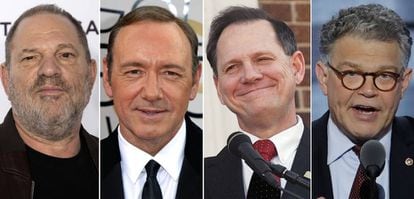 De izquierda a derecha, Harvey Weinstein, Kevin Spacey, Roy Moore y Al Franken.