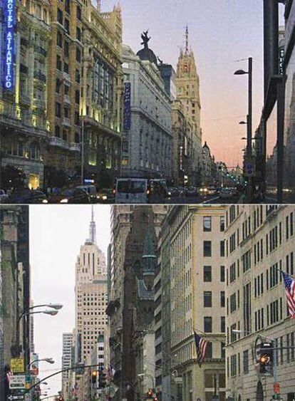 "Al fondo de la Quinta Avenida, el Empire State Building. Decidí buscar un juego de referencias con el edificio de Telefónica. De tanto mirar, conseguí ver la semejanza de las dos avenidas, entre las dos ciudades miradas con cierta fantasía e imaginación. Siempre hay un hilo conductor que te brinda esa imaginación", dice el fotógrafo Raúl Cancio. Un libro recoge su visión paralela de las dos urbes. La escritora Elvira Lindo reflexiona sobre el hecho de vivir a caballo entre ambas ciudades.