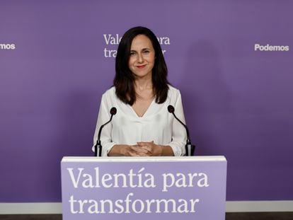 La secretaria general de Podemos, Ione Belarra, anuncia que la formación trabaja con Sumar para acudir unidos a las elecciones generales, en la sede del partido el lunes.