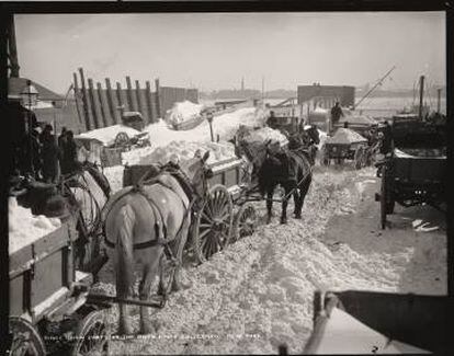 Carros cargados de nieve después de la gran nevada que cayó en el  invierno de 1888 en Nueva York.