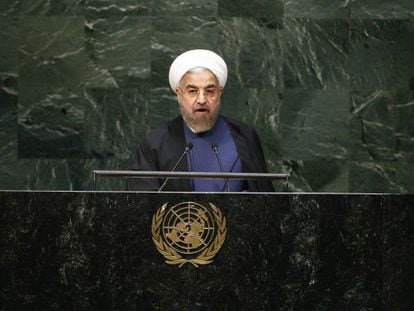 El presidente iraní, Hasán Rohani, ante la Asamblea General de las Naciones Unidas este jueves.