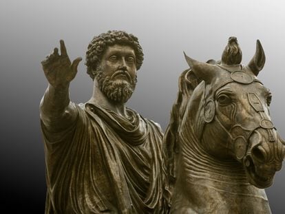 Estatua ecuestre de Marco Aurelio, en la plaza del Capitolio de Roma. Copia de un original en bronce del siglo II a.C. expuesto en los Museos Capitolinos.