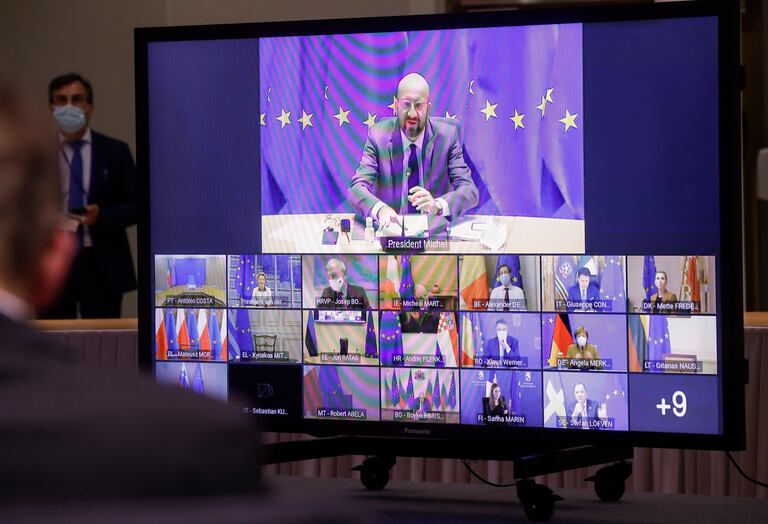 The president of the European Council, Charles Michel, in the videoconference that was held this Thursday on covid-19 in Brussels.