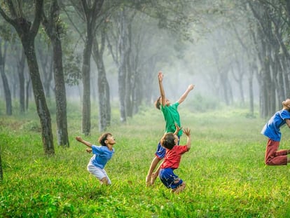 Un grupo de niños juega al aire libre.