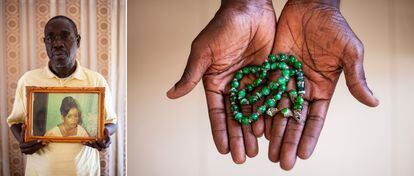 Assane Seck sostiene el retrato de su esposa Marie Ba fallecida por covid en Dakar (Senegal) y su 'tasbih', un rosario musulmán.