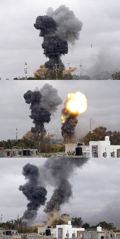 Secuencia de tres fotografías que muestra el lanzamiento de dos bombas de los aliados sobre Trípoli.
