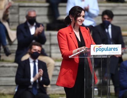 La presidenta de la Comunidad de Madrid, Isabel Díaz Ayuso, durante la presentación de la candidatura del PP de Madrid para las elecciones a la Asamblea de Madrid.