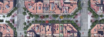 Tramo genérico de la calle de Girona, dentro del programa Superilla Barcelona, en una imagen virtual.
