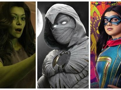 Desde la izquierda, She-Hulk, Caballero Luna y Ms. Marvel, los nuevos protagonistas de las series de Marvel.