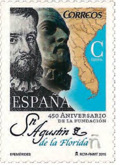 Sello para conmemorar el 450º de la Fundación de San Agustín, con la imagen de Pedro Menéndez.