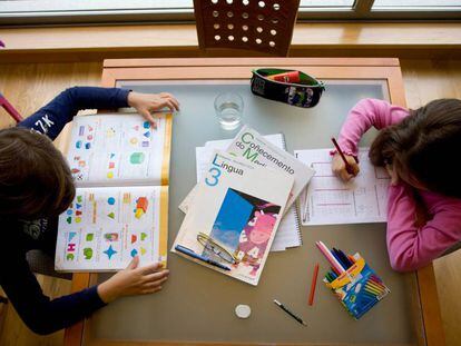 Unos niños hacen deberes con libros en gallego.