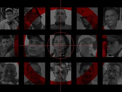 Rostros de líderes sociales asesinados en Colombia.