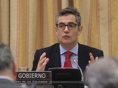 El ministro de la Presidencia, Justicia y Relaciones con las Cortes, Félix Bolaños, en su comparecencia de este jueves en el Congreso.
