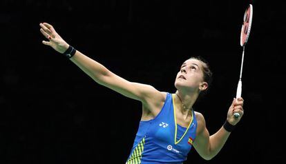 Carolina Marín, durante un partido de bádminton.