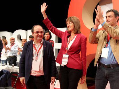 Miquel Iceta, Idoia Mend&iacute;a y Pedro S&aacute;nchez en el congreso del PSE-EE. 