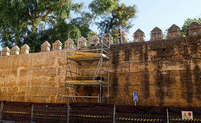 Trabajos de limpieza y consolidación de la muralla que une el Arco de la Macarena con la puerta de Córdoba, este miércoles en Sevilla. / ALEJANDRO RUESGA